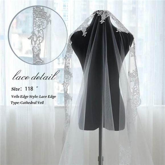 Cathedral Wedding Veil 1 Tier Lace Applique Bridal Veil with Comb (Ivory) - Picture 3 of 8